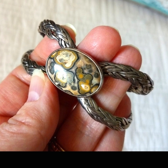 Sterling Silver Leopard Jasper Artisan Cuff Bracelet with Double Plate Braids - Picture 1 of 12